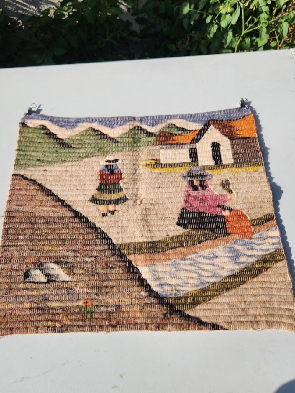 Vintage Peruvian Hand-Woven Wool Tapestry Andean Village Wall Hanging Peru Andes